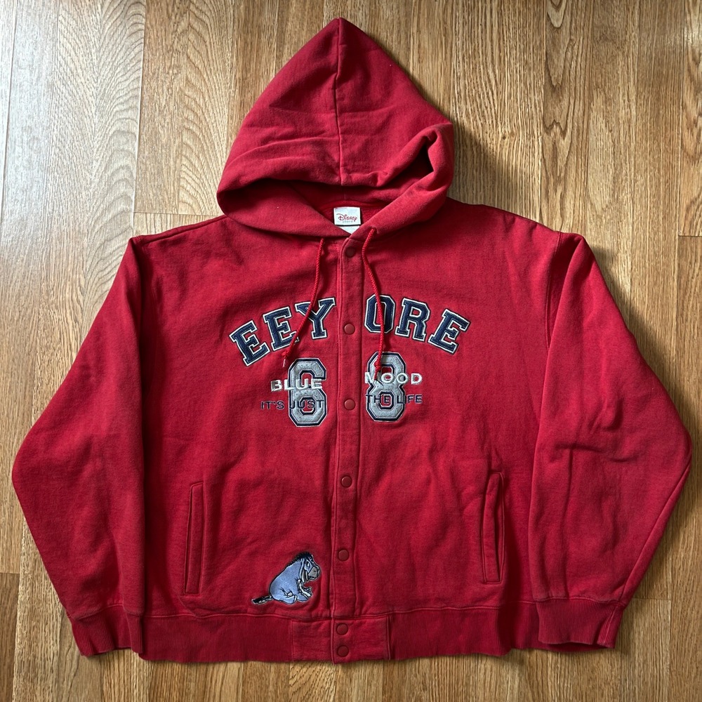 Vintage Disney Store Eeyore 66 Red Snap Front Hoodie Sweatshirt XL Varsity